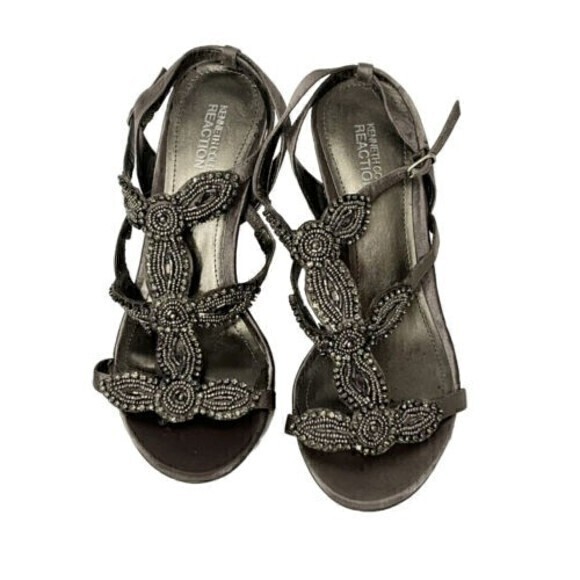 Kenneth Cole Reaction Women’s Size 8.5 M Beads and Jewels Pewter 4" Sandal heels - Picture 2 of 9